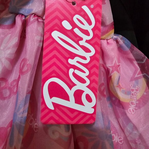 Barbie Girls Dress Rainbow Pattern Printed Puff Short Sleeve Pink Pullover Style - Picture 2 of 8